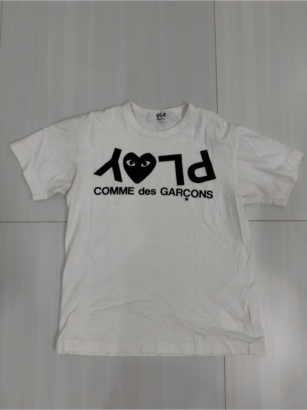Comme des Garcons White Kids Logo Tee with Black PLAY Graphic